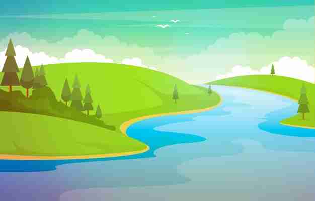 Illustrazione di forest beautiful rural nature landscape illustration della montagna del fiume di bobina | Vettore Premium